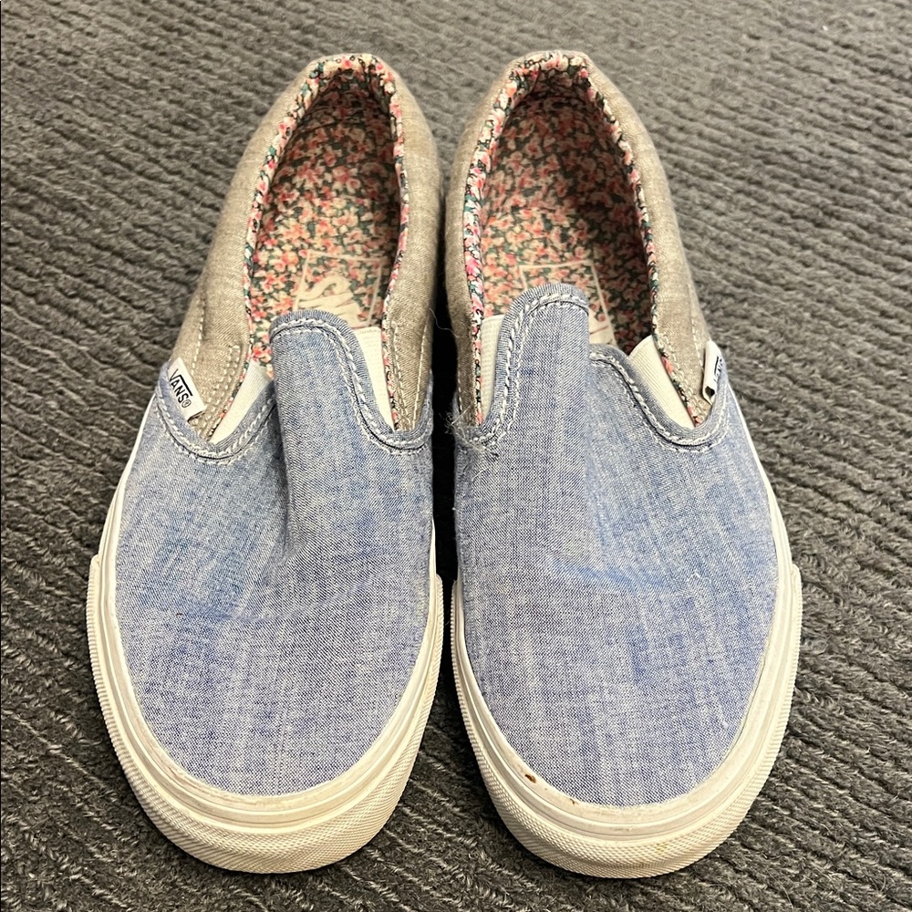 Vans Slip-On Sneakers in Light Blue and Tan with Floral Lining